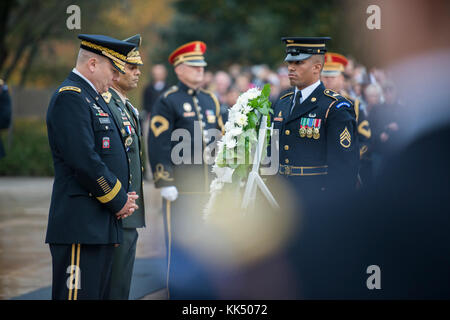 Maj. Gen. Mark Stammer, commanding general, U.S. Army South; and Brig. Gen. Pedro Pablo Hurtado, deputy commander, Dominican Republic Army; lay a wreath on behalf of the Conference of the American Armies (CAA) at the Tomb of the Unknown Soldier at Arlington National Cemetery, Arlington, Virginia, Nov. 9, 2017.  Hurtado will take over as executive secretary for CAA in 2018.  (U.S. Army photo by Elizabeth Fraser / Arlington National Cemetery / released) Stock Photo