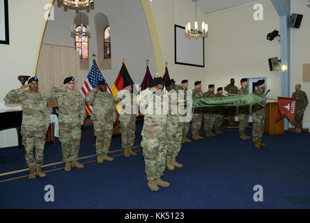 The 7217th Medical Support Unit assumes authority of the Landstuhl Regional Medical Center Deployed Warrior Medical Management Center from the 7227th Medical Support Unit during a ceremony November 9, 2017 at Landstuhl, Germany. Army Reserve unit from Perrine, Florida, will replace reservists from the 7227th MSU, who deployed in February of this year. (U.S. Army photo by Visual Information Specialist Elisabeth Paque/Released) Stock Photo