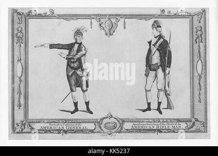 An engraving from two full length portraits of members of the American military during the American Revolutionary War, the soldier on the left is a General who carries a sword and is shown with a rolled up document in his hand, the soldier on the right is a rifleman who is only armed with his gun, both soldiers where short pants, stockings, boots and button down shirts, the general's jacket is a lighter color than the rifleman's and it also contains epaulettes, 1832. From the New York Public Library. Stock Photo