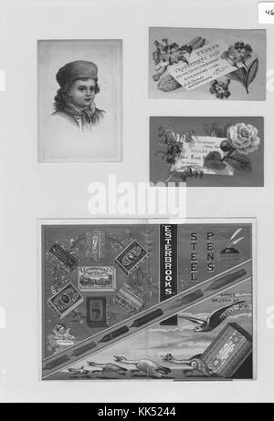 Collection of four advertisement cards, clockwise from left, card with a portrait of a small child wearing a hat and scarf for John McCormick and Company Boots and Shoes, card with purple and yellow flowers with a card that reads Pears's Transparent Soap for the Toilet, the Nursery, and for Shaving, card with white and purple flowers that reads Merry Christmas and Happy New Year from Miller and Company Ladies' French Shoe Establishment, and a card with geese and different packaging labels for Nickle Plated Pens for the Esterbrook Steel Pen Company, all published by L Prang and Company, New Yor Stock Photo