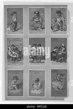 Collection of six advertising cards, all depicting children, all for Henry Maillard Chocolates and Confections, top row depicts children in different Asian outfits, middle row depicts children in different artistic endeavors, and the bottom row depicts two children playing outdoors, and one sitting on top of an orb marked Mars, all published by L Prang and Company, New York, New York, 1883. From the New York Public Library. Stock Photo