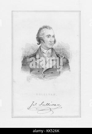 An engraving from a portrait of John Sullivan, he served as a major general in the Continental Army during the American Revolutionary War, he was also the third Governor of New Hampshire, 1800. From the New York Public Library. Stock Photo
