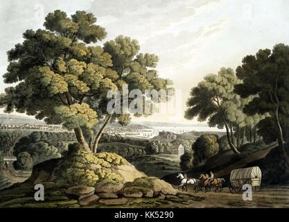 Hand colored aquatint depicting a horse-drawn covered wagon, on a dirt road, among large trees, a city and bay visible in the background, titled 'East view of Baltimore Maryland', by George Beck, published by Atkins and Nightingale, Baltimore, Maryland, 1802. From the New York Public Library. Stock Photo