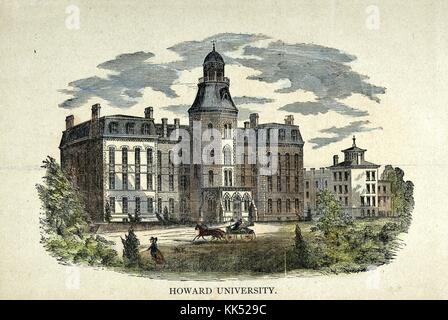 Hand colored etching of Howard University, federally chartered, private, coeducational, nonsectarian, historically African-American university in Washington, DC, 1868. From the New York Public Library. Stock Photo