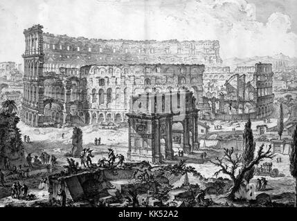 An etching depicting the Colosseum, the image depicts people working and congregating around the large amphitheater, a large stone gate can be seen in front of the building while other parts of the city can be seen in the background, it is the largest amphitheater ever constructed, construction of the concrete and sand structure ran from 72 AD until 80 AD under two different rulers, the building host gladiator battles and other public events for crowds that averaged around 65, 000 people, Rome, Italy, 1749. From the New York Public Library. Stock Photo