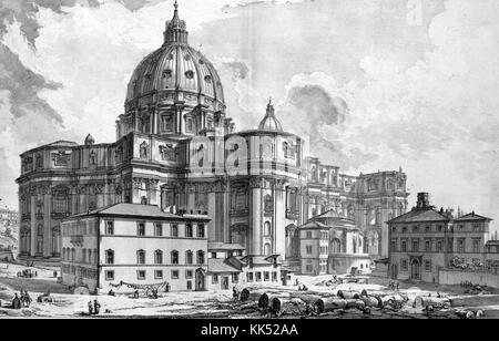 Exterior view of the great Basilica of St Peter in the Vatican, Italy, 1749. From the New York Public Library. Stock Photo