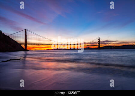 Golden Gate Bridge and San Francisco at dawn viewed from the Marin Headlands. Stock Photo