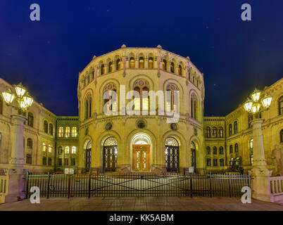 The Storting building (Norwegian: Stortingsbygningen) at night. It is the seat of the Storting, the parliament of Norway, located in central Oslo. Stock Photo