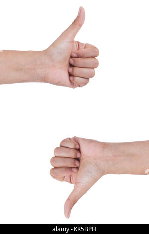 female  hands,thumb up ,thumb down ,loke , dislike, isolated on white Stock Photo