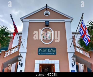 Saint George's Town Hall located at the eastern side of King's Square in St. Georges Bermuda. The building was originally constructed in 1782 during t Stock Photo