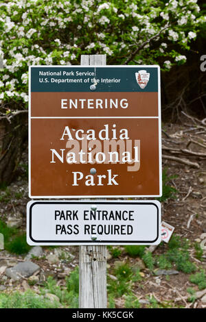 Entrance sign to Acadia National Park at Bar Island, Maine. Stock Photo