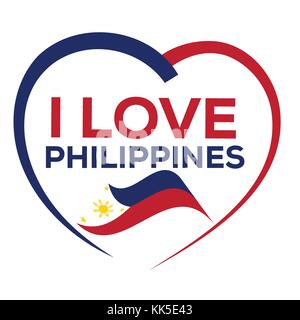 I love philippines with outline of heart and flag of philippines, icon design, isolated on white background. Stock Vector