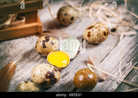 Fresh quail egg on rustic wooden background Stock Photo