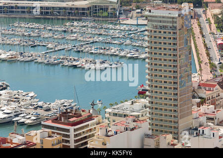 Alicante, Spain October 19, 2017: Views of the port of Alicante from the Castle of Santa Barbara, on the dates that the Volvo Ocean Race took place. Stock Photo