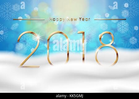Happy New Year 2018 with blue winter background with snow and snowflakes. Greeting card design template. Vector illustration. Stock Vector