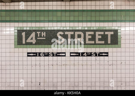 New York City - July 30, 2016: 14th Street subway station in NYC. The underground station opened on December 15, 1940. Stock Photo