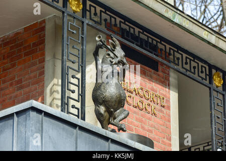 Delacorte Music Clock by the Central Park Zoo in Manhattan. It is a three-tiered mechanical clock which plays music as the animals spin around. Stock Photo