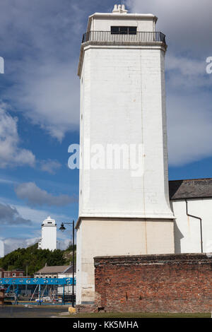 The Old Low Light with the Old High Light behind at the Fish Quay, North Shields, Tyne and Wear. Leading Lights for entrance to the River Tyne, UK Stock Photo