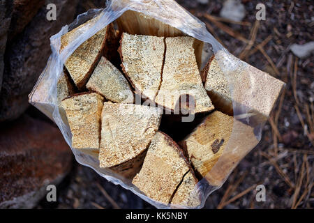 Supply of chopped dry fire wood in a plastic bag for a camping trip viewed from above resting on the ground Stock Photo