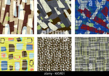 Abstract seamless pattern set. Grunge texture background of random scratched stripes and geometric shapes Stock Vector