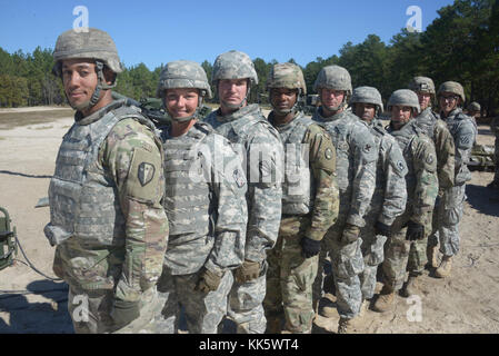 FORT BRAGG, N.C. - Nine National Guard troops from North and South Carolina, Florida, Georgia, Mississippi, Illinois and New Jersey are attending the 13 Bravo artillery military occupational specialty (MOS) reclassification course and will learn how to be a crew member on the three main “cannon” artillery weapons systems in the U.S. Army: The M119A3 105mm light towed howitzer, M777A2 155mm medium towed howitzer and the M109A6 Paladin 155mm self-propelled howitzer. Over the course of two days in the field, students will fire hundreds of rounds from all three weapons. The 139th is one of only fo Stock Photo