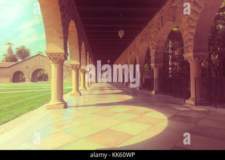 the architectural structures of the hallway at Stanford University campus in Palo Alto, California, USA. Filter processed Stock Photo