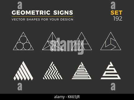 Set of eight minimalistic trendy shapes. Stylish vector logo emblems for Your design. Simple geometric signs collection. Stock Vector