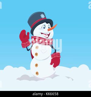 Cute Snowman Wearing Hat And Scarf Happy Smiling Over Blue Snow Background Stock Vector