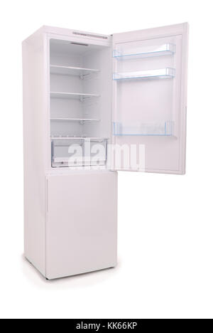Studio shot of an empty refrigerator with opened door isolated on white background. Clipping path included. Stock Photo