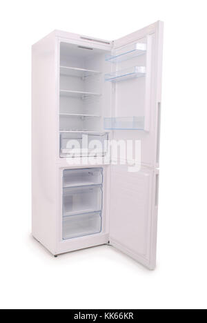 Studio shot of an empty refrigerator with opened door isolated on white background. Clipping path included. Stock Photo