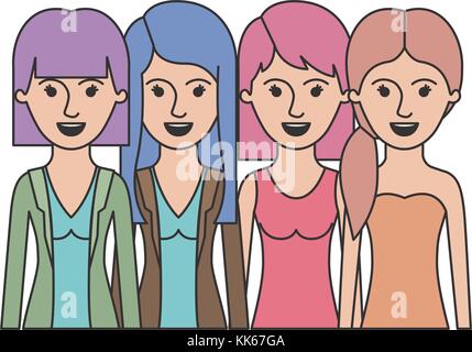 women in half body with casual clothes and long and short hair and hairstyle mushroom layered and pigtail in colorful silhouette Stock Vector