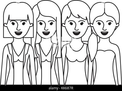 women in half body with casual clothes and long and short hair and hairstyle mushroom layered and pigtail in monochrome silhouette Stock Vector