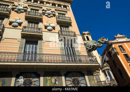 Barcelona, Spain - May 1, 2016: Las Ramblas Art nouveau decorations on Casa Bruno Stock Photo