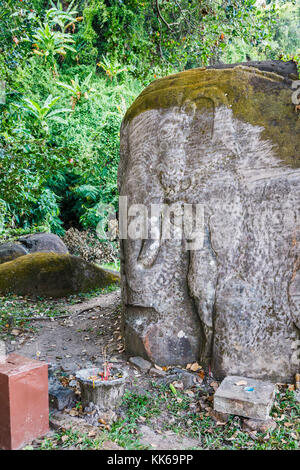 Rock carved into the shape of an elephant in the ruins of the pre-Angkorian Khmer Hindu temple of Wat Phou, Champasak Province, Laos, southeast Asia Stock Photo