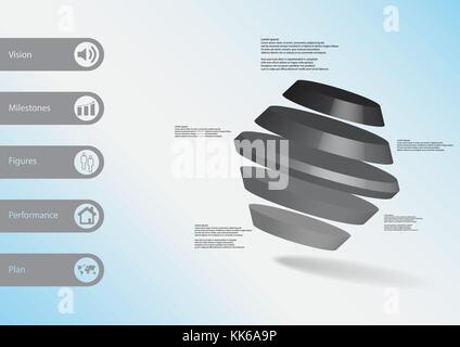 3D illustration infographic template with motif of rotated hexagon divided to five grey parts askew arranged with simple sign and sample text on side  Stock Vector