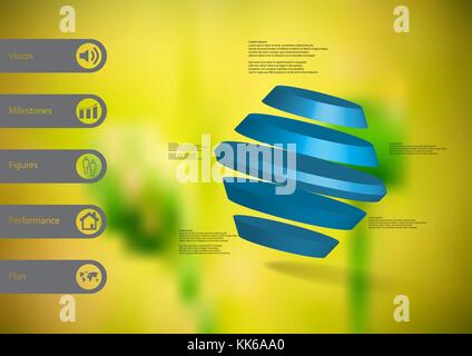 3D illustration infographic template with motif of rotated hexagon divided to five blue parts askew arranged with simple sign and sample text on side  Stock Vector