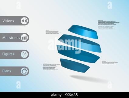 3D illustration infographic template with motif of rotated hexagon divided to four blue parts askew arranged with simple sign and sample text on side  Stock Vector