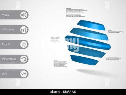 3D illustration infographic template with motif of rotated hexagon divided to five blue parts askew arranged with simple sign and sample text on side  Stock Vector