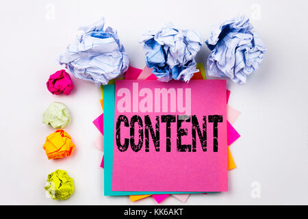 Writing text showing Content written on sticky note in office with screw paper balls. Business concept for Business to Success on white isolated backg Stock Photo