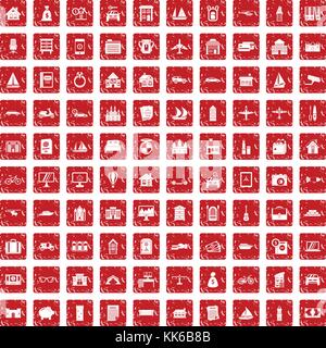 100 property icons set grunge red Stock Vector
