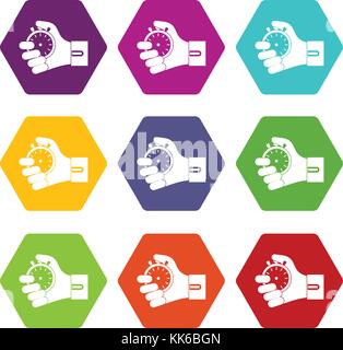 Hand holding stopwatch icon set color hexahedron Stock Vector