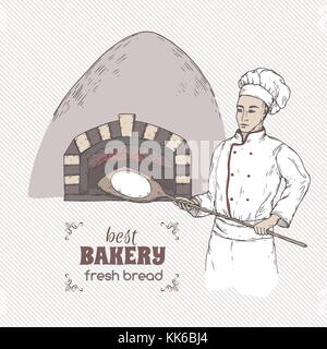 Bakery template with baker and stove color vector sketch. Stock Vector