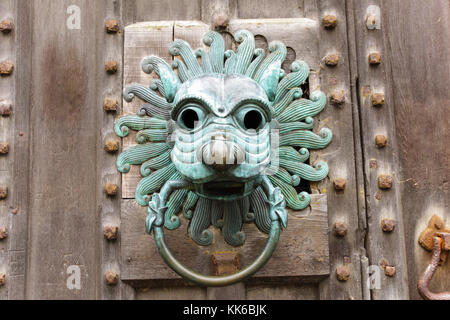 The Sanctuary knocker on the wooden door at Brougham Hall in Penrith in Cumbria. Stock Photo