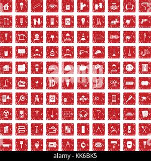 100 renovation icons set grunge red Stock Vector