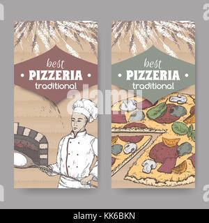 Two color pizzeria labels with baker, oven and pizza on cardboard. Stock Vector