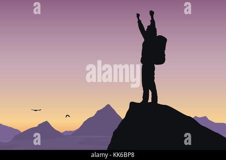 Vector illustration of a mountain landscape with a tourist on top of rock celebrating success with raised hands Stock Vector