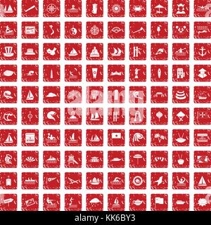 100 sailing vessel icons set grunge red Stock Vector