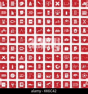 100 school icons set grunge red Stock Vector