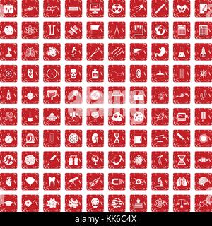 100 science icons set grunge red Stock Vector