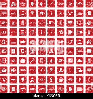 100 security icons set grunge red Stock Vector